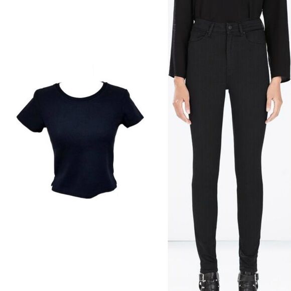ZARA Outfit Black High Rise Jeans Cropped T-shirt - Picture 1 of 8